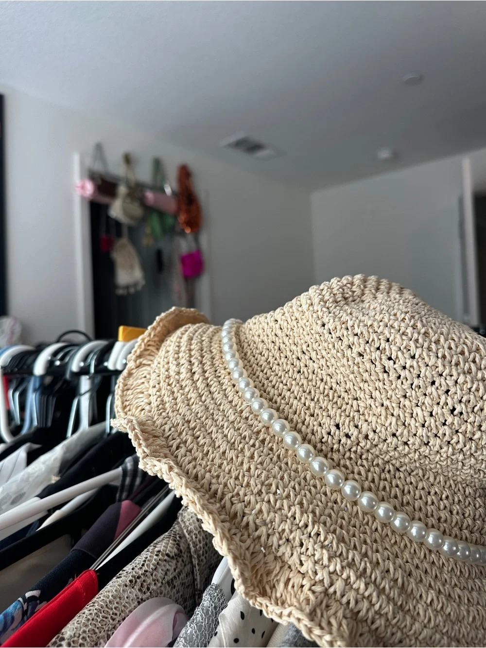 Pearl-Trim Woven Sun Hat in Beige - Picture 2 of 3